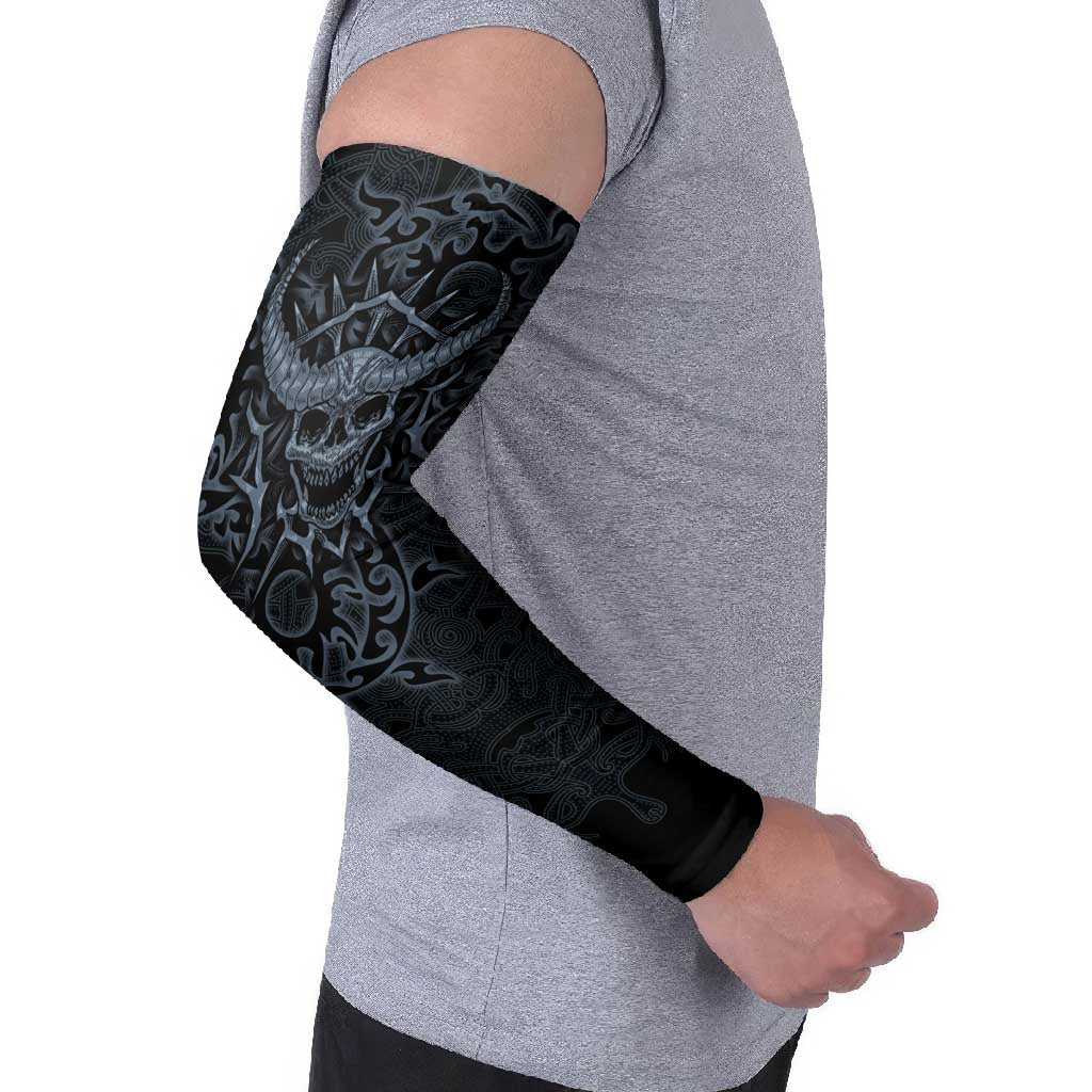 Viking Horned Skull and Raven Emblem Arm Sleeves Dark Nordic Tribal Grunge Illustration