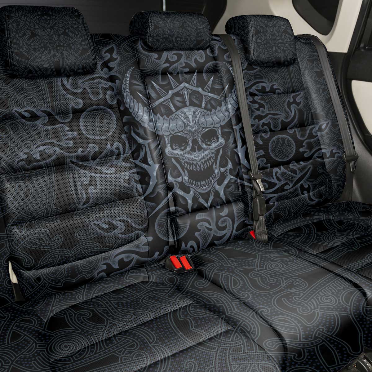 Viking Horned Skull and Raven Emblem Back Car Seat Cover Dark Nordic Tribal Grunge Illustration