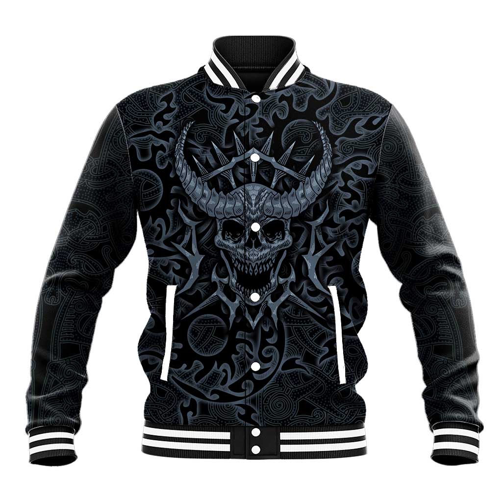 Viking Horned Skull and Raven Emblem Baseball Jacket Dark Nordic Tribal Grunge Illustration