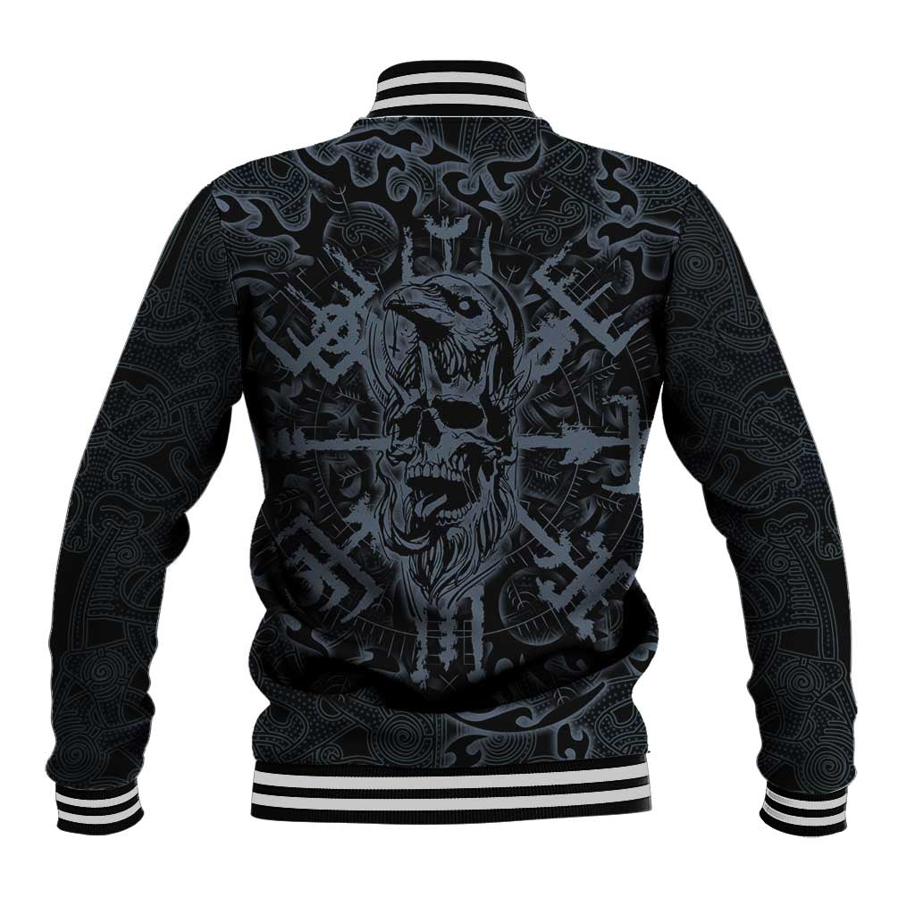 Viking Horned Skull and Raven Emblem Baseball Jacket Dark Nordic Tribal Grunge Illustration