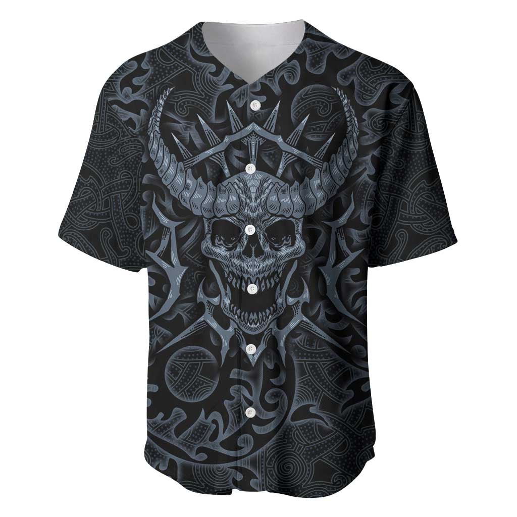 Viking Horned Skull and Raven Emblem Baseball Jersey Dark Nordic Tribal Grunge Illustration
