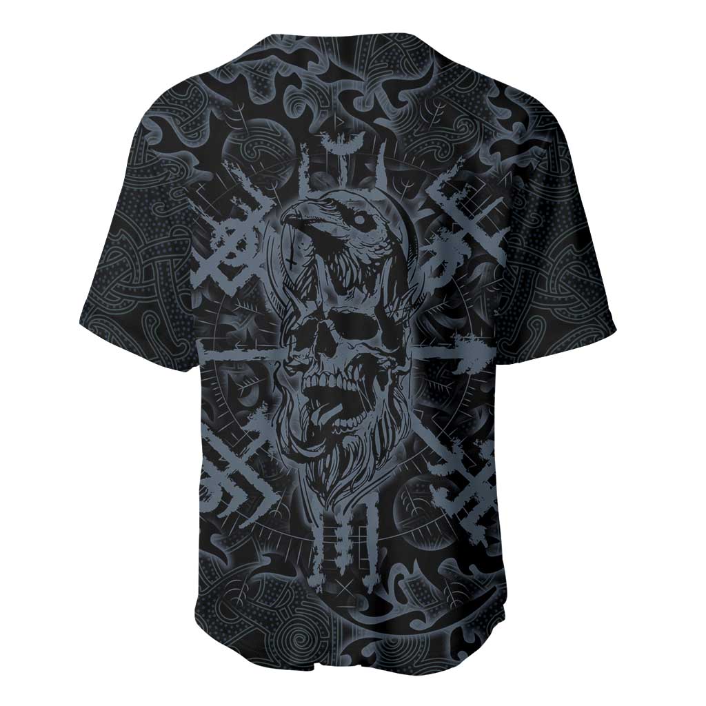 Viking Horned Skull and Raven Emblem Baseball Jersey Dark Nordic Tribal Grunge Illustration