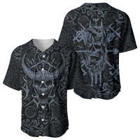 Viking Horned Skull and Raven Emblem Baseball Jersey Dark Nordic Tribal Grunge Illustration