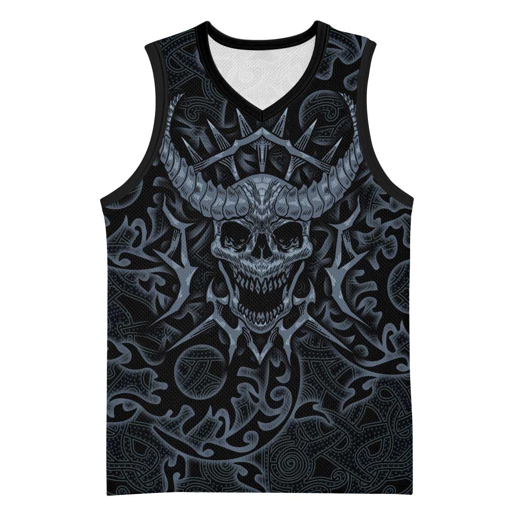 Viking Horned Skull and Raven Emblem Basketball Jersey Dark Nordic Tribal Grunge Illustration