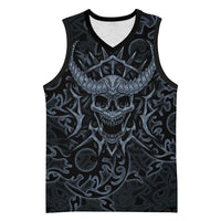Viking Horned Skull and Raven Emblem Basketball Jersey Dark Nordic Tribal Grunge Illustration