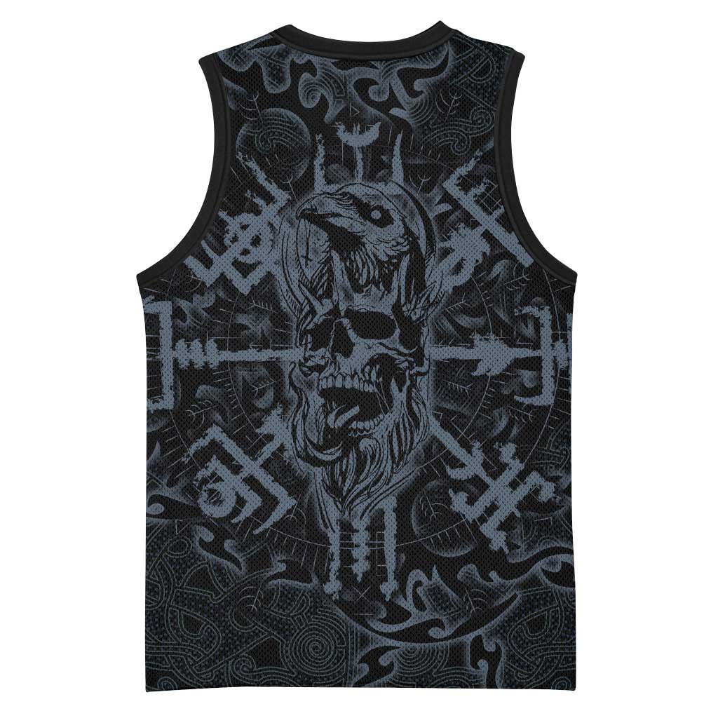 Viking Horned Skull and Raven Emblem Basketball Jersey Dark Nordic Tribal Grunge Illustration