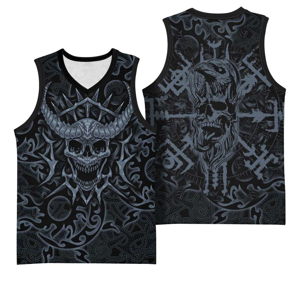 Viking Horned Skull and Raven Emblem Basketball Jersey Dark Nordic Tribal Grunge Illustration