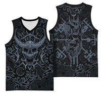 Viking Horned Skull and Raven Emblem Basketball Jersey Dark Nordic Tribal Grunge Illustration