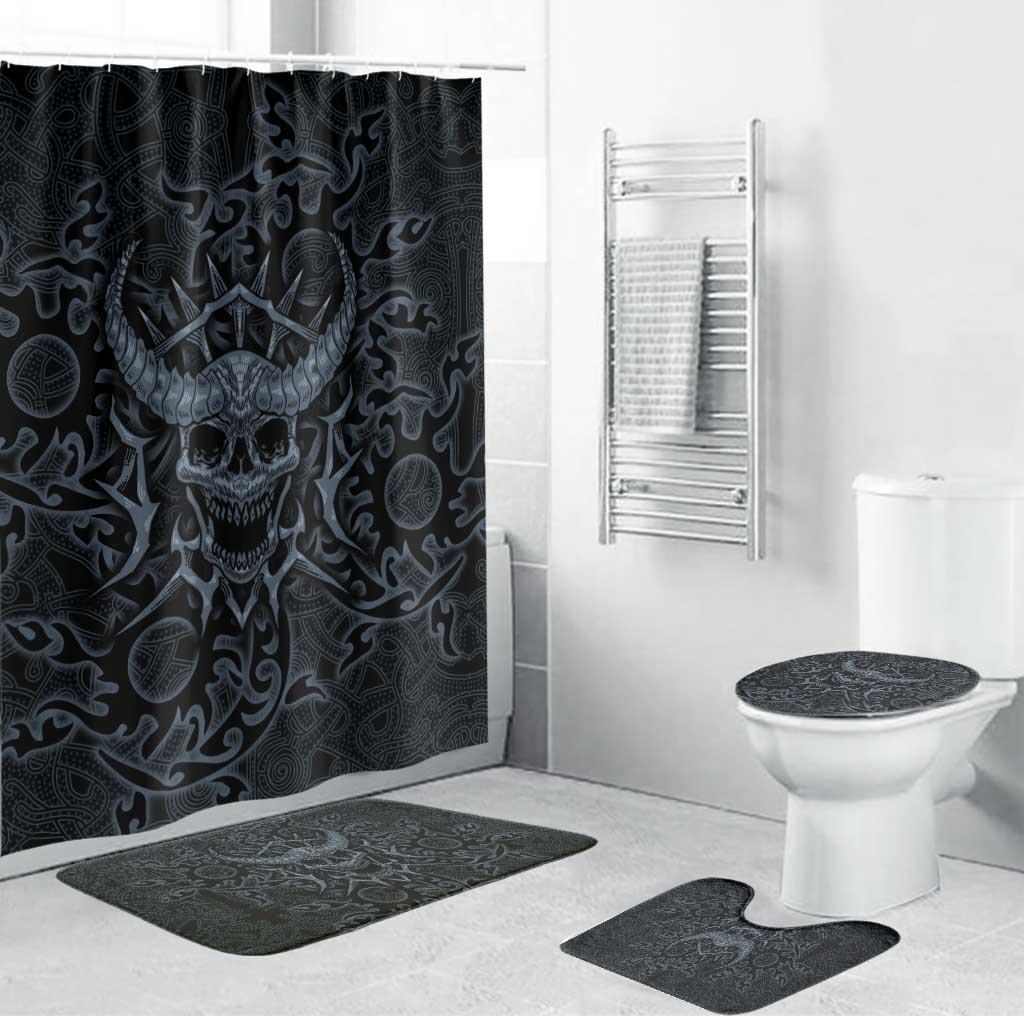 Viking Horned Skull and Raven Emblem Bathroom Set Dark Nordic Tribal Grunge Illustration