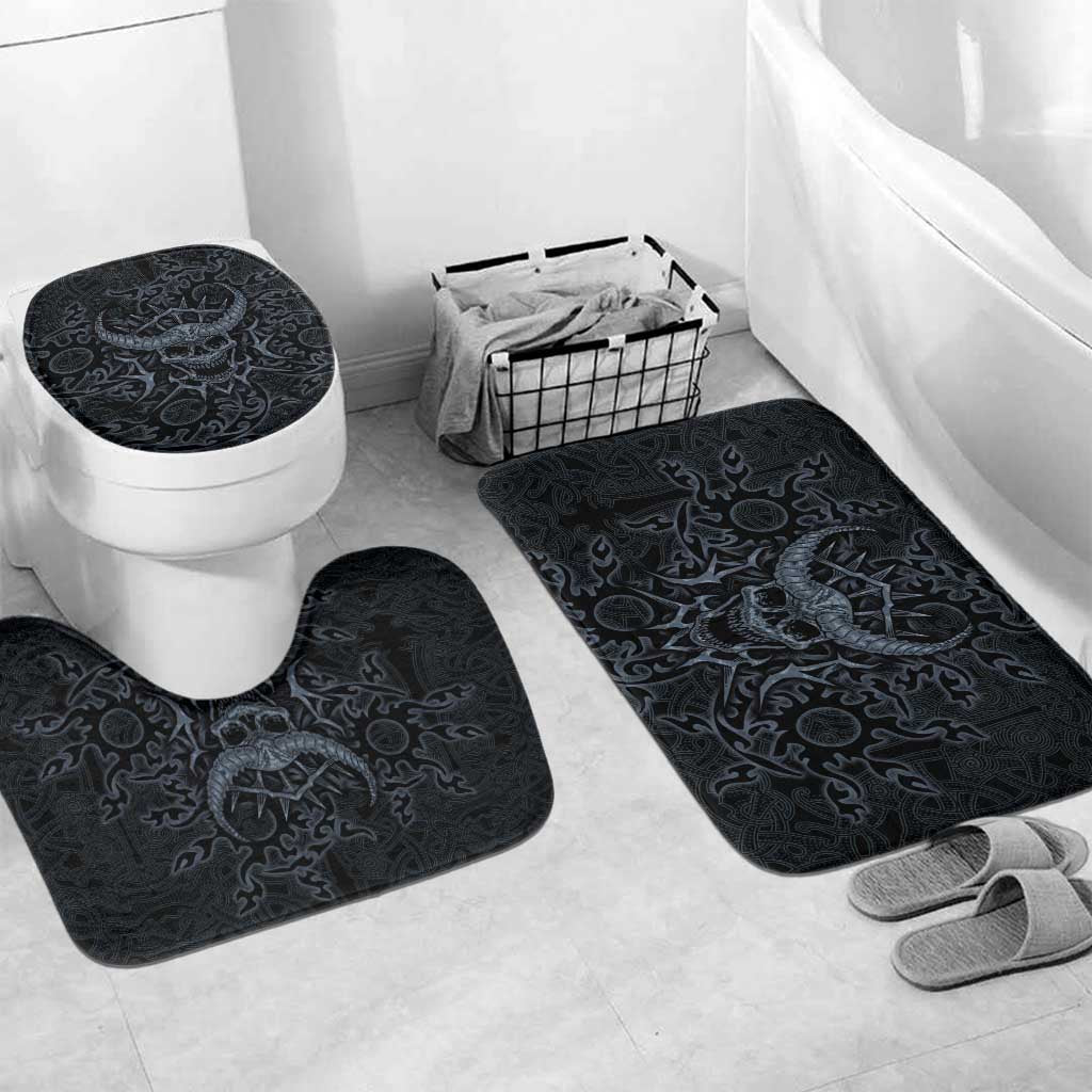 Viking Horned Skull and Raven Emblem Bathroom Set Dark Nordic Tribal Grunge Illustration