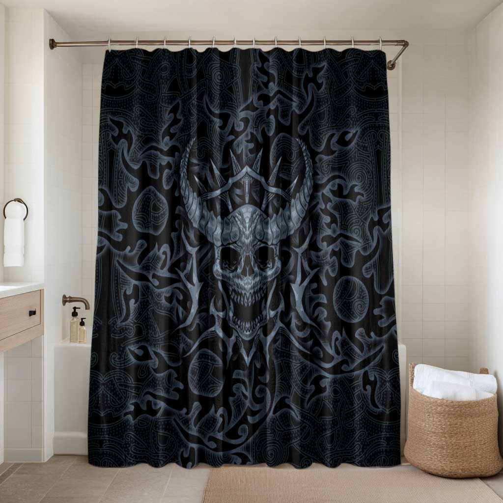 Viking Horned Skull and Raven Emblem Bathroom Set Dark Nordic Tribal Grunge Illustration