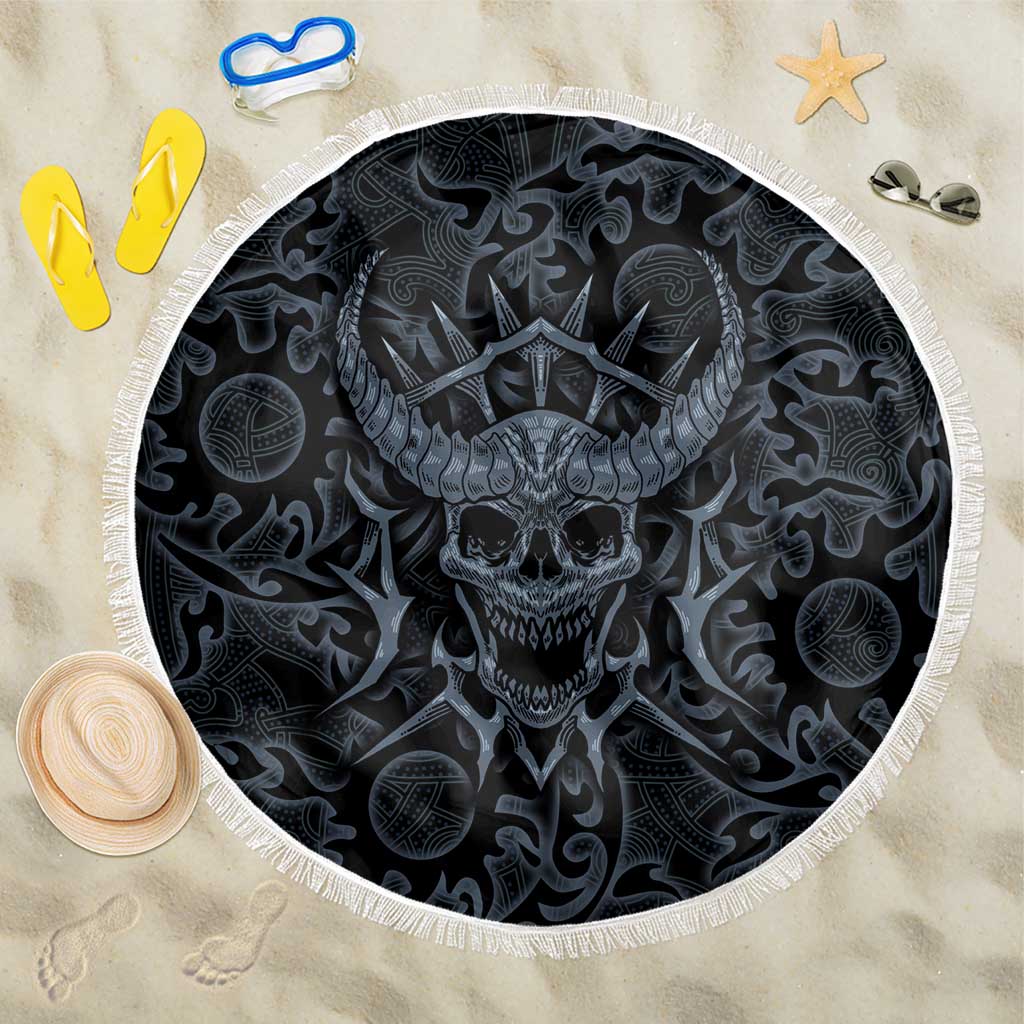 Viking Horned Skull and Raven Emblem Beach Blanket Dark Nordic Tribal Grunge Illustration