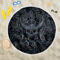 Viking Horned Skull and Raven Emblem Beach Blanket Dark Nordic Tribal Grunge Illustration