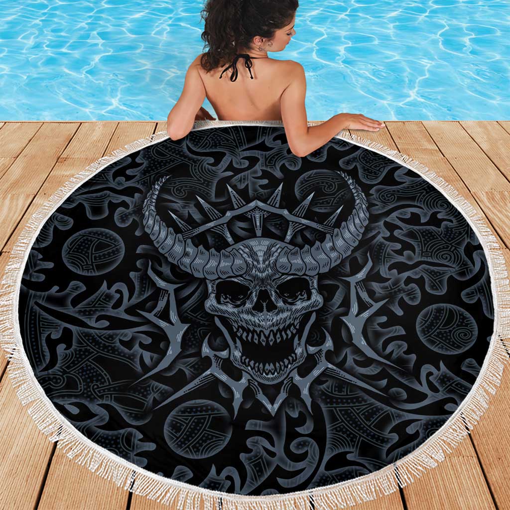 Viking Horned Skull and Raven Emblem Beach Blanket Dark Nordic Tribal Grunge Illustration