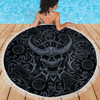 Viking Horned Skull and Raven Emblem Beach Blanket Dark Nordic Tribal Grunge Illustration