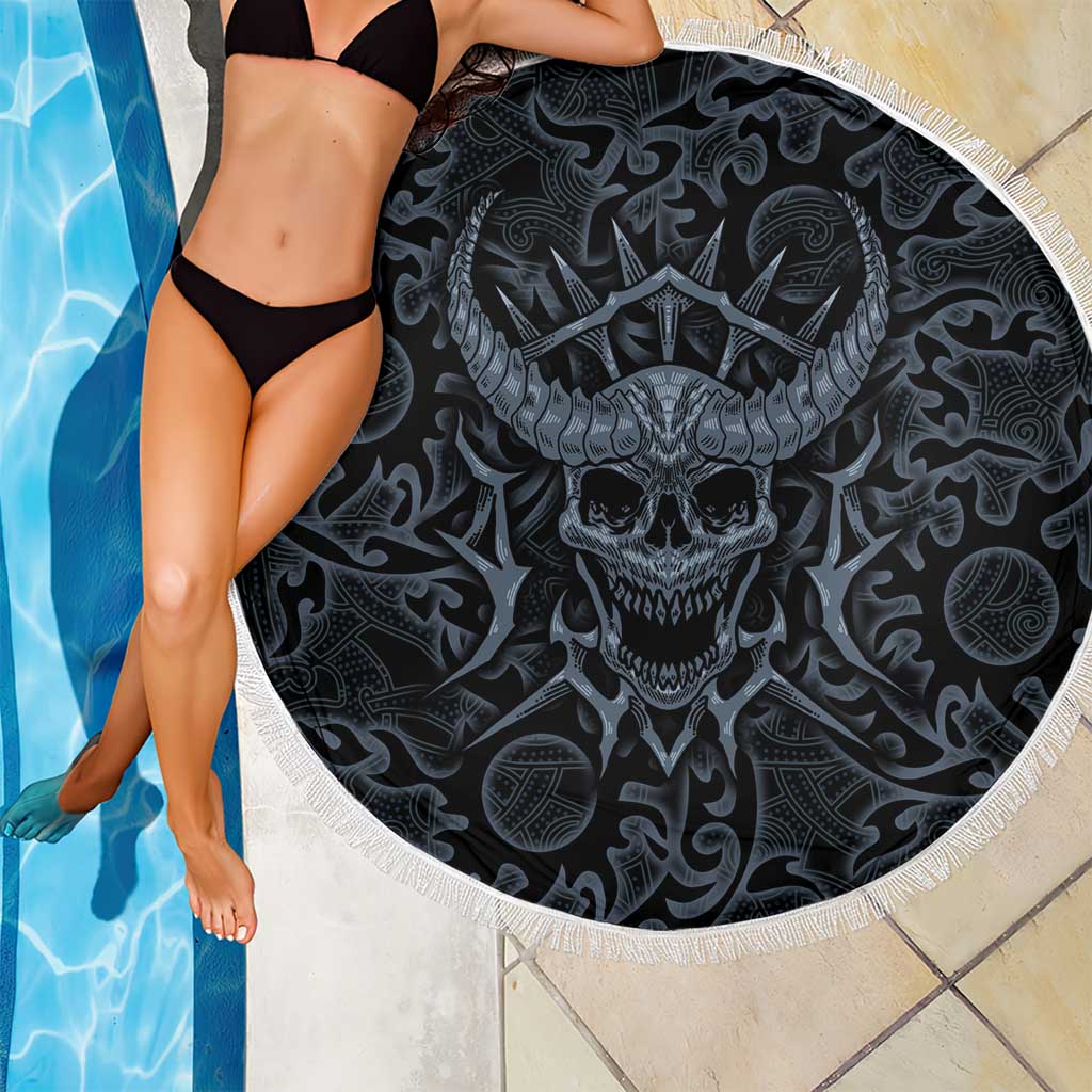 Viking Horned Skull and Raven Emblem Beach Blanket Dark Nordic Tribal Grunge Illustration