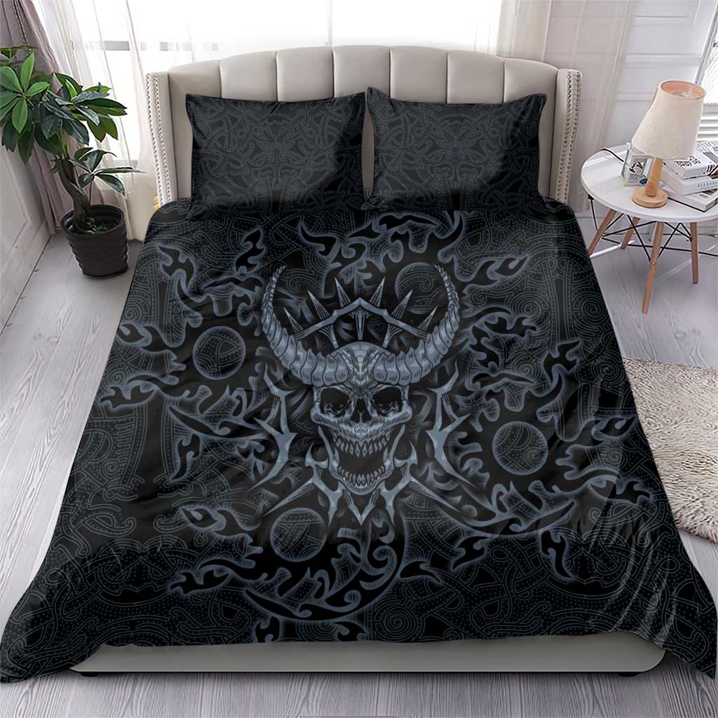 Viking Horned Skull and Raven Emblem Bedding Set Dark Nordic Tribal Grunge Illustration