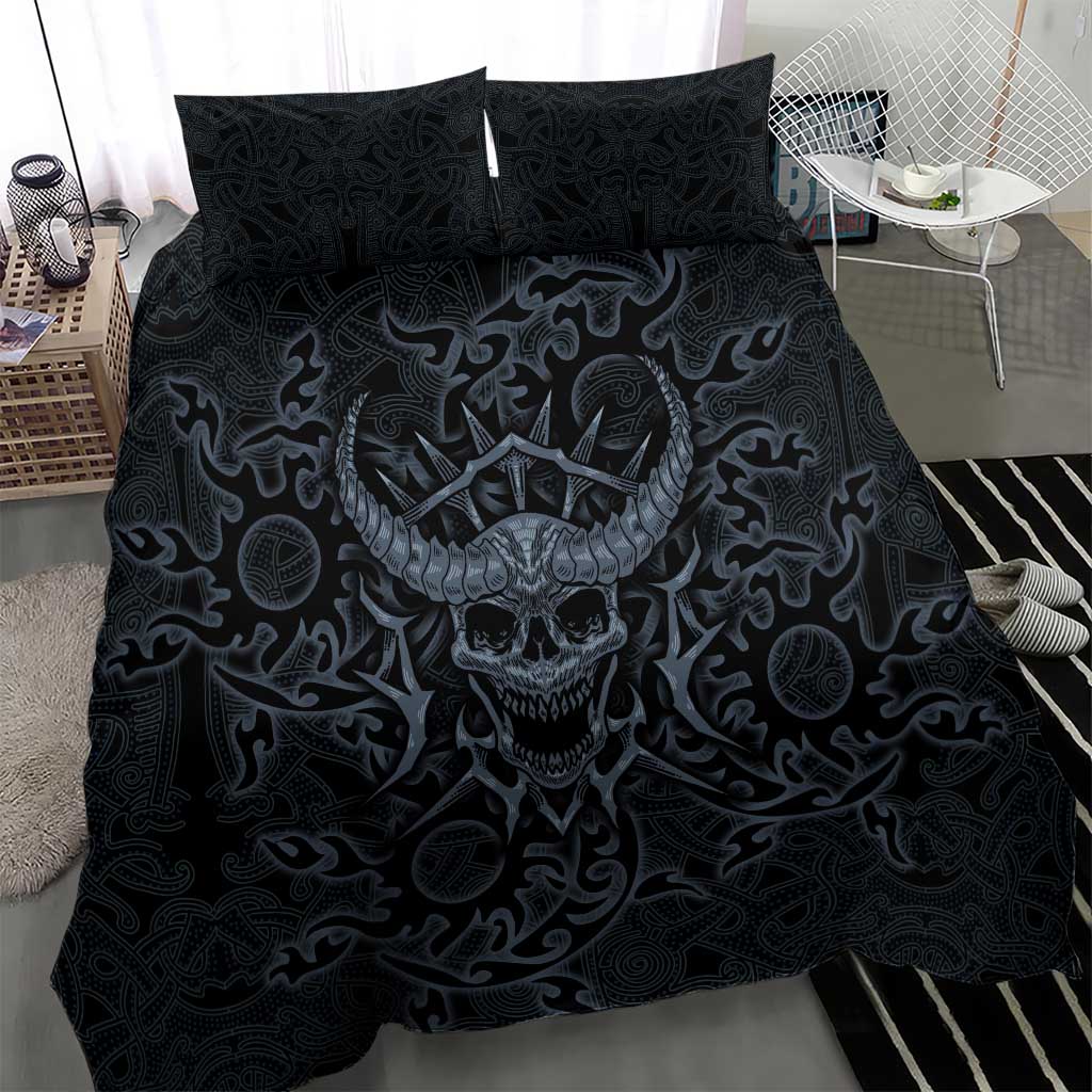 Viking Horned Skull and Raven Emblem Bedding Set Dark Nordic Tribal Grunge Illustration