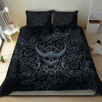 Viking Horned Skull and Raven Emblem Bedding Set Dark Nordic Tribal Grunge Illustration