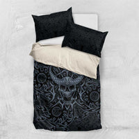 Viking Horned Skull and Raven Emblem Bedding Set Dark Nordic Tribal Grunge Illustration