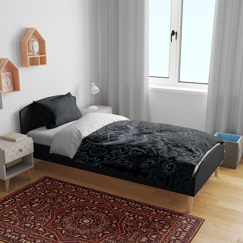 Viking Horned Skull and Raven Emblem Bedding Set Dark Nordic Tribal Grunge Illustration