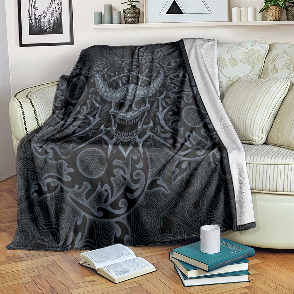 Viking Horned Skull and Raven Emblem Blanket Dark Nordic Tribal Grunge Illustration