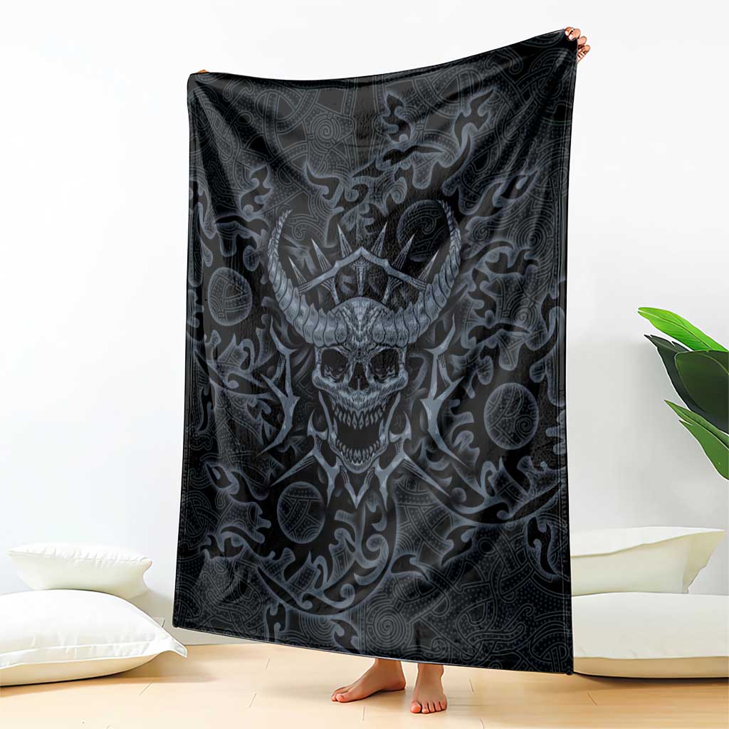 Viking Horned Skull and Raven Emblem Blanket Dark Nordic Tribal Grunge Illustration