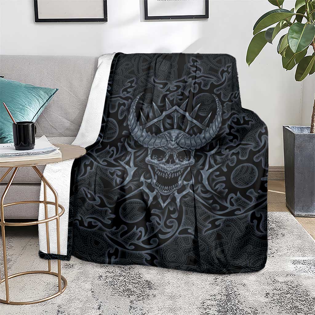 Viking Horned Skull and Raven Emblem Blanket Dark Nordic Tribal Grunge Illustration