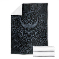 Viking Horned Skull and Raven Emblem Blanket Dark Nordic Tribal Grunge Illustration