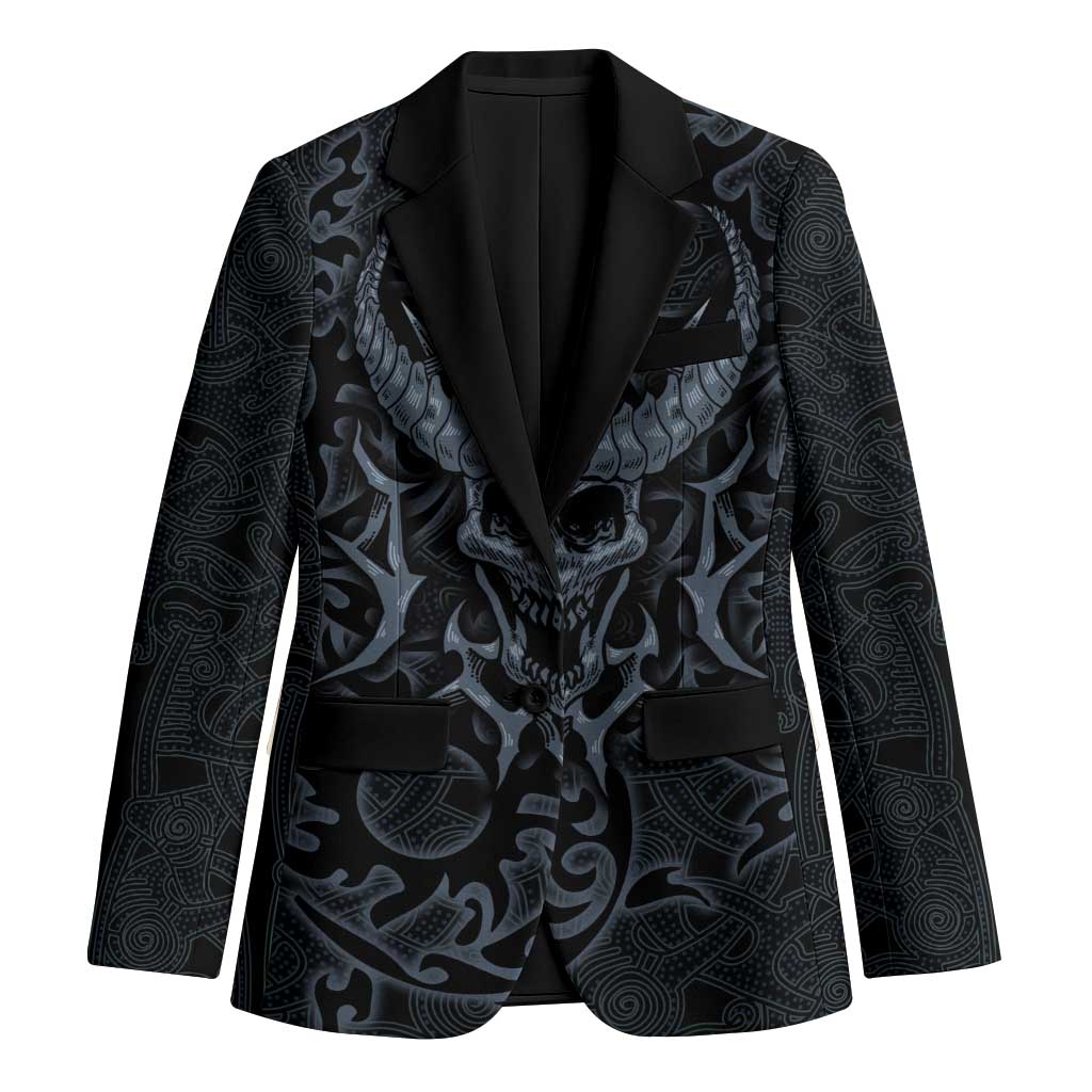 Viking Horned Skull and Raven Emblem Blazer Dark Nordic Tribal Grunge Illustration