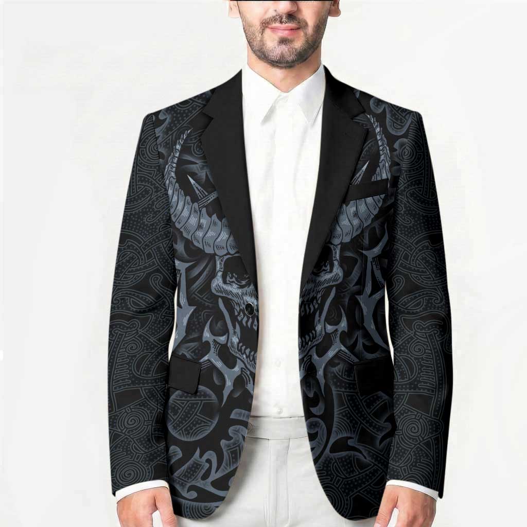Viking Horned Skull and Raven Emblem Blazer Dark Nordic Tribal Grunge Illustration