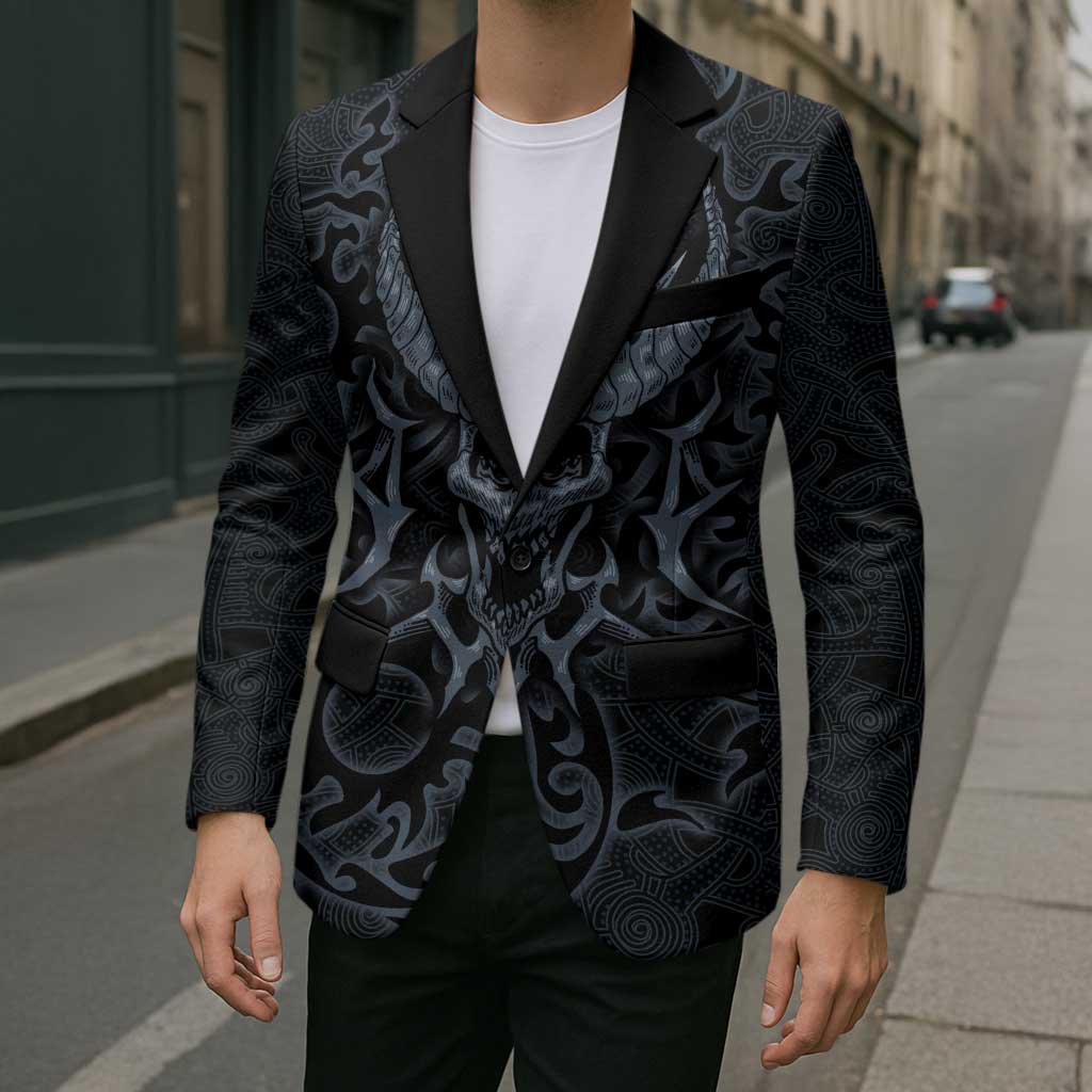Viking Horned Skull and Raven Emblem Blazer Dark Nordic Tribal Grunge Illustration