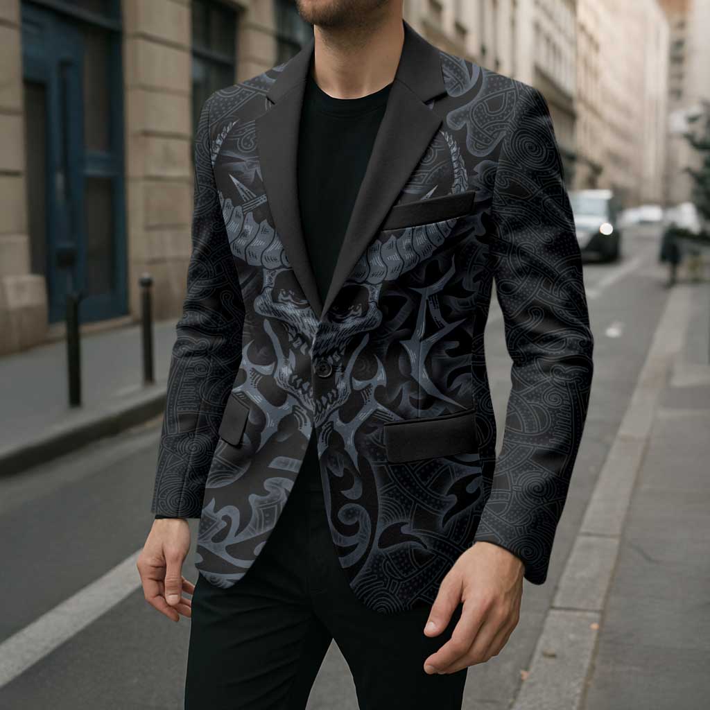 Viking Horned Skull and Raven Emblem Blazer Dark Nordic Tribal Grunge Illustration