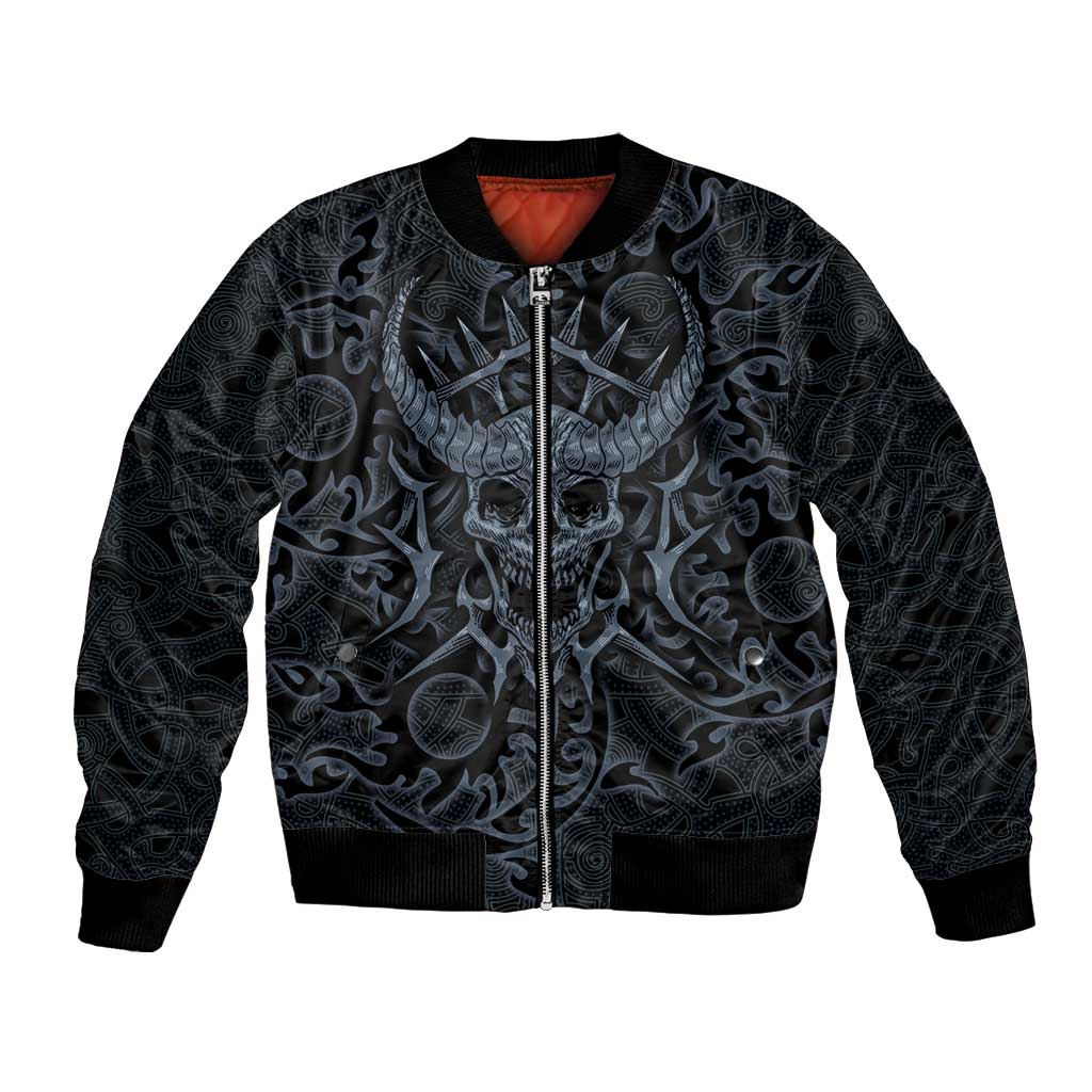 Viking Horned Skull and Raven Emblem Bomber Jacket Dark Nordic Tribal Grunge Illustration