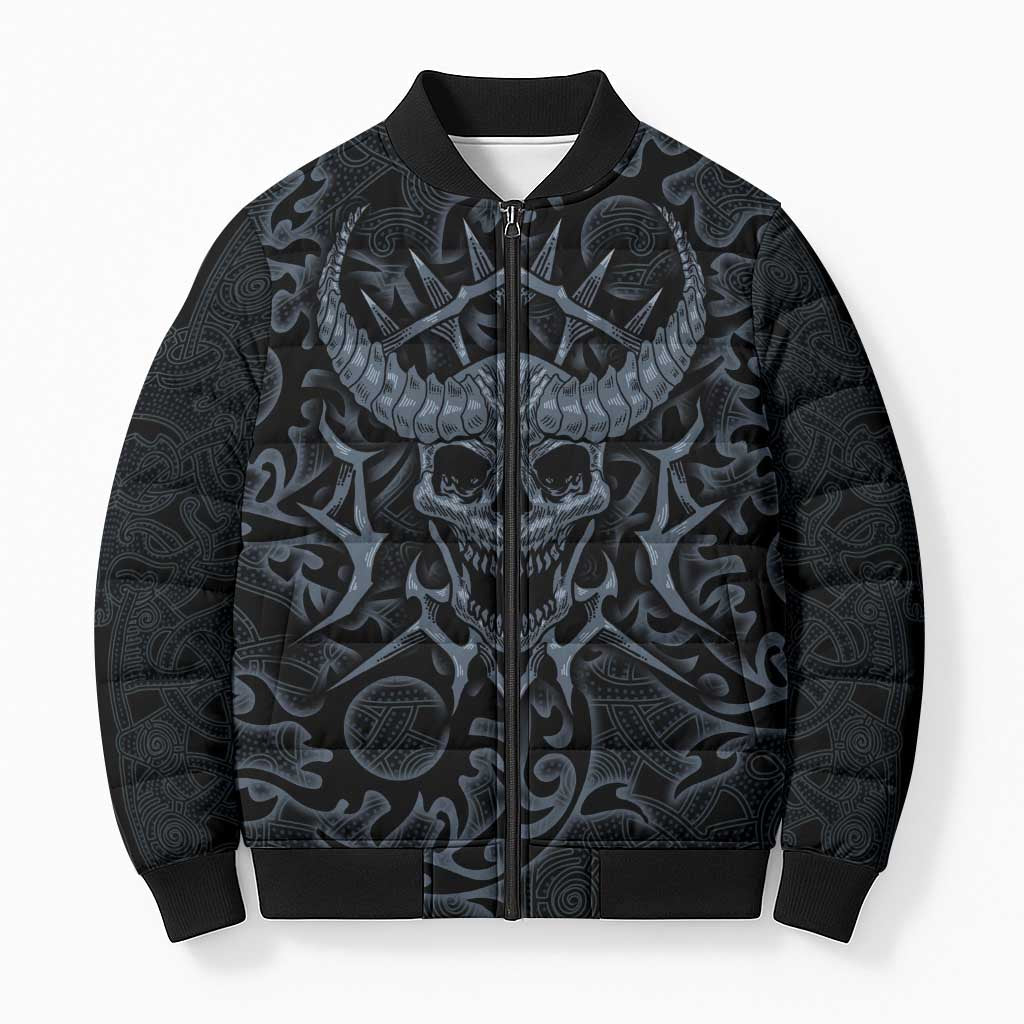 Viking Horned Skull and Raven Emblem Bomber Puffer Jacket Dark Nordic Tribal Grunge Illustration