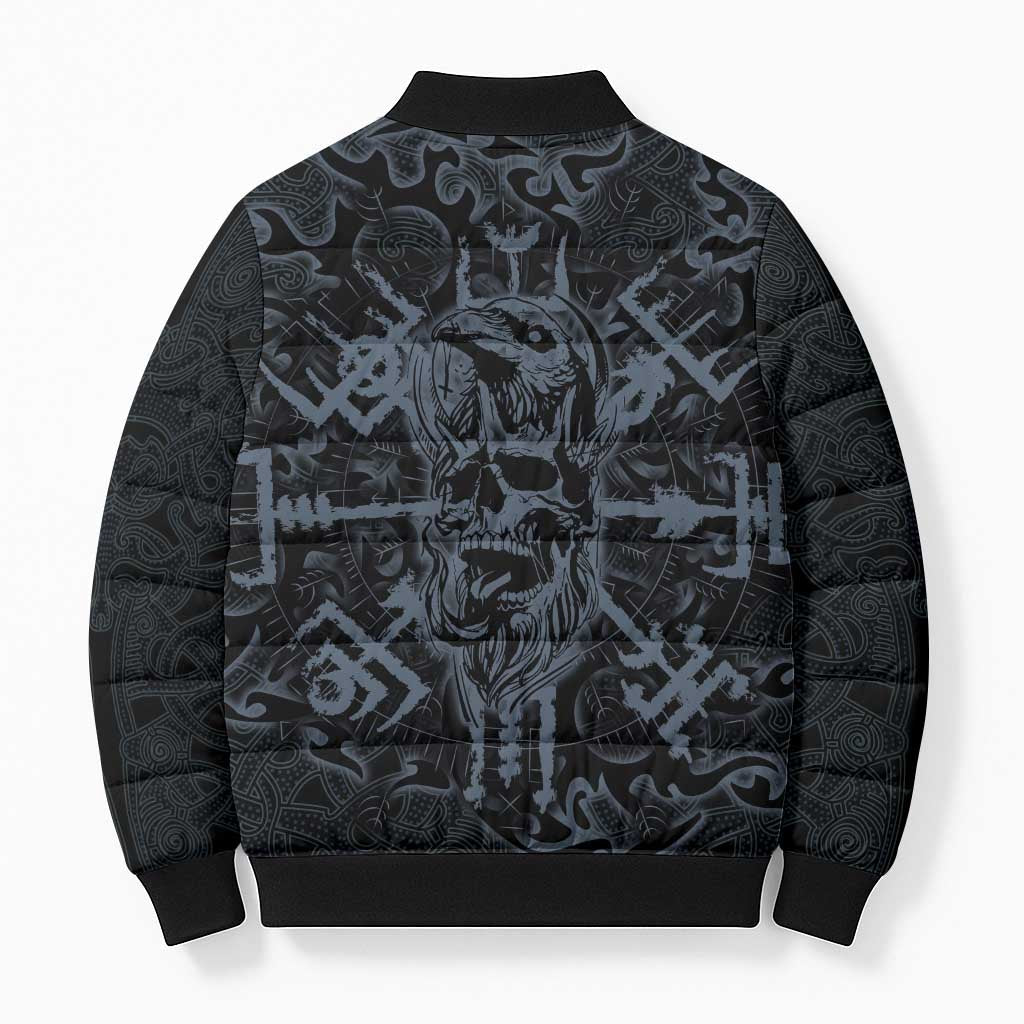 Viking Horned Skull and Raven Emblem Bomber Puffer Jacket Dark Nordic Tribal Grunge Illustration