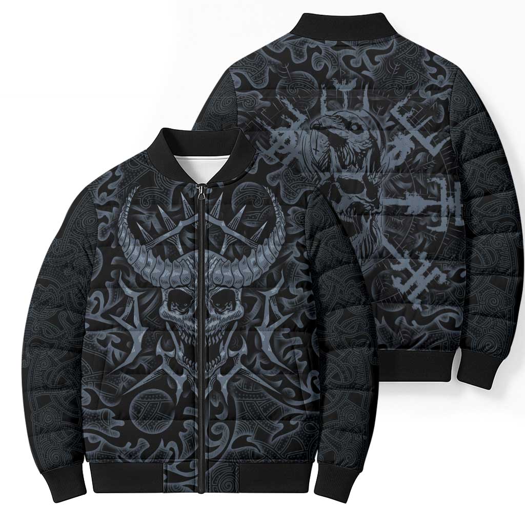 Viking Horned Skull and Raven Emblem Bomber Puffer Jacket Dark Nordic Tribal Grunge Illustration