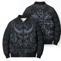 Viking Horned Skull and Raven Emblem Bomber Puffer Jacket Dark Nordic Tribal Grunge Illustration