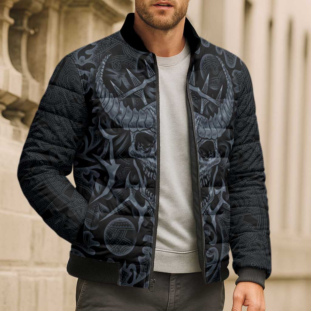 Viking Horned Skull and Raven Emblem Bomber Puffer Jacket Dark Nordic Tribal Grunge Illustration