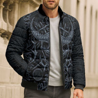 Viking Horned Skull and Raven Emblem Bomber Puffer Jacket Dark Nordic Tribal Grunge Illustration