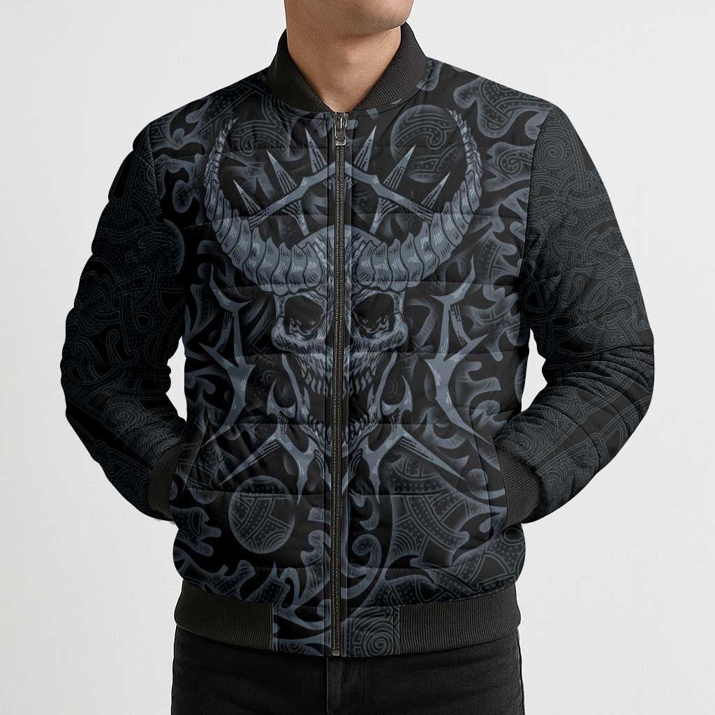 Viking Horned Skull and Raven Emblem Bomber Puffer Jacket Dark Nordic Tribal Grunge Illustration