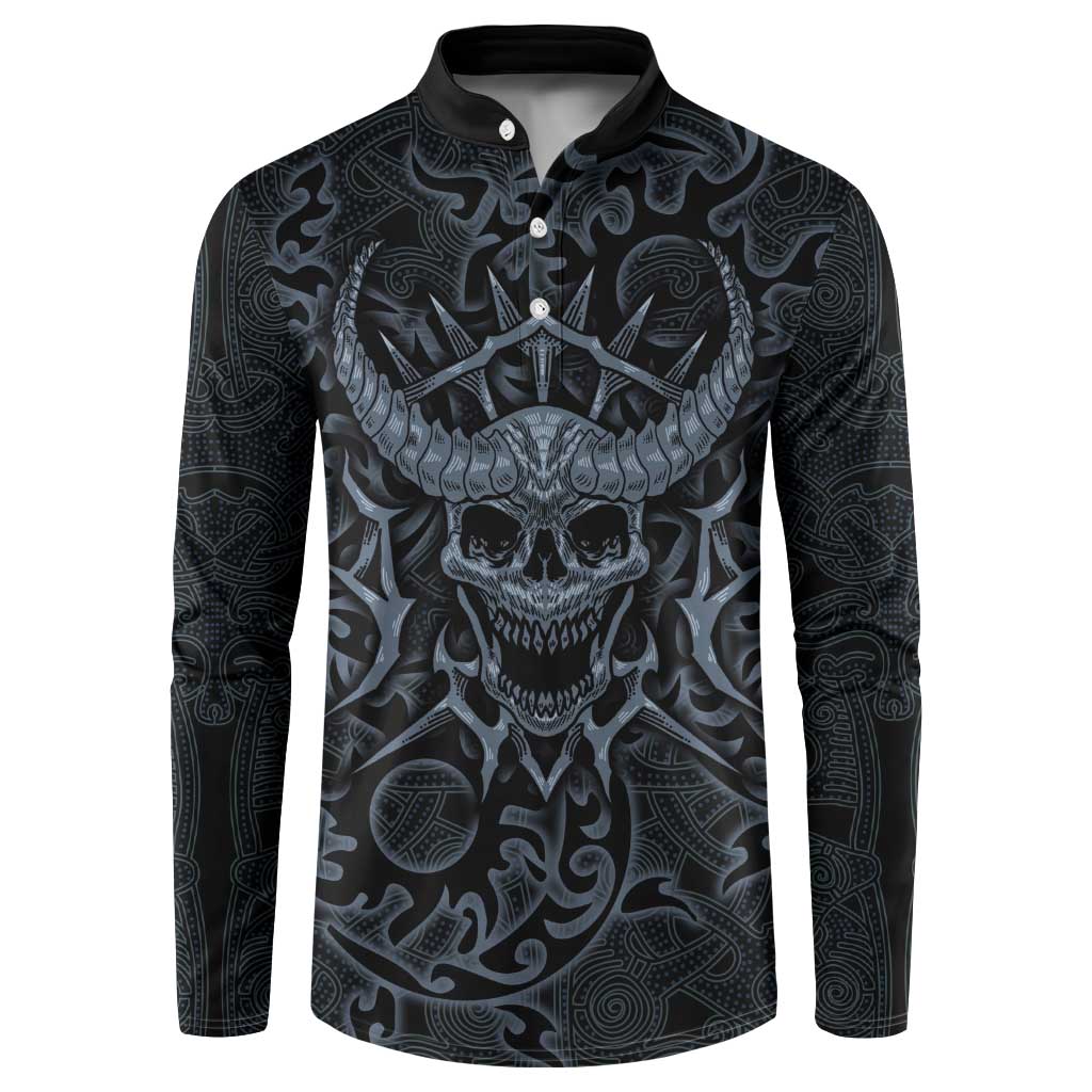 Viking Horned Skull and Raven Emblem Button Sweatshirt Dark Nordic Tribal Grunge Illustration