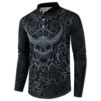 Viking Horned Skull and Raven Emblem Button Sweatshirt Dark Nordic Tribal Grunge Illustration