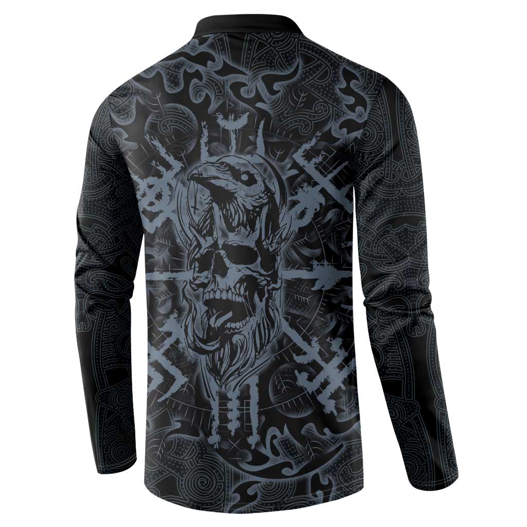 Viking Horned Skull and Raven Emblem Button Sweatshirt Dark Nordic Tribal Grunge Illustration