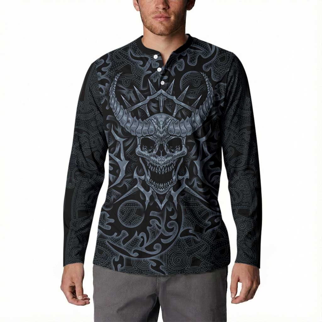 Viking Horned Skull and Raven Emblem Button Sweatshirt Dark Nordic Tribal Grunge Illustration