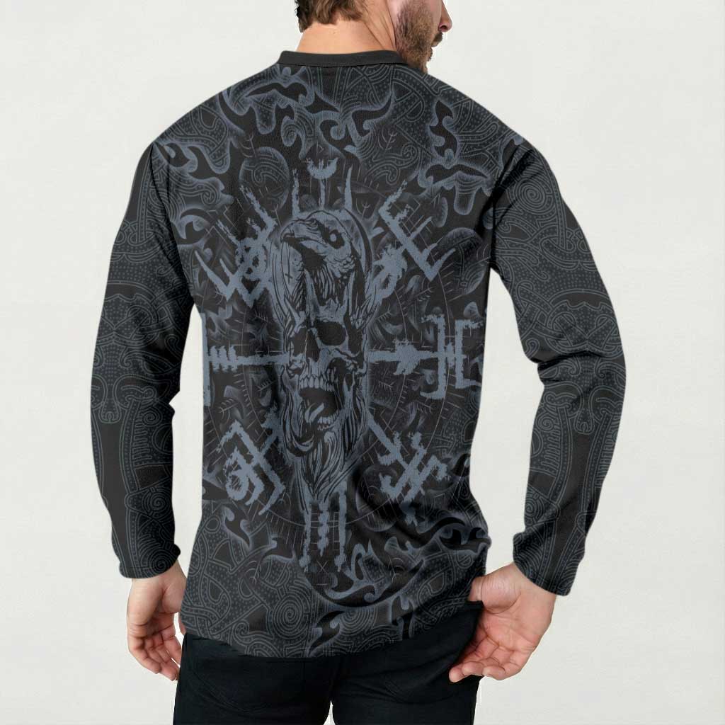 Viking Horned Skull and Raven Emblem Button Sweatshirt Dark Nordic Tribal Grunge Illustration