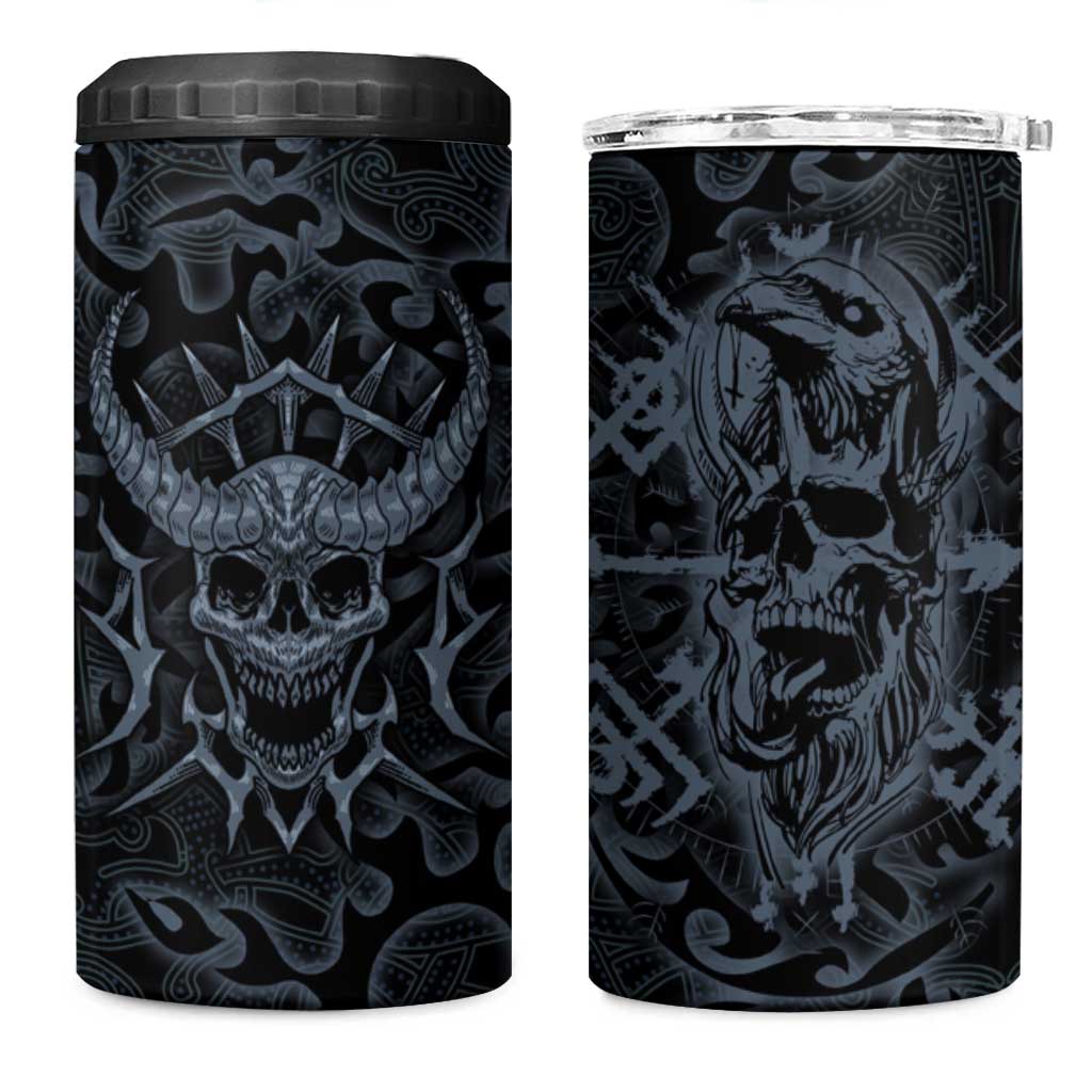 Viking Horned Skull and Raven Emblem 4 in 1 Can Cooler Tumbler Dark Nordic Tribal Grunge Illustration