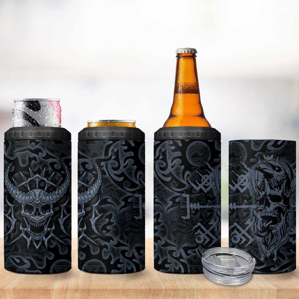 Viking Horned Skull and Raven Emblem 4 in 1 Can Cooler Tumbler Dark Nordic Tribal Grunge Illustration