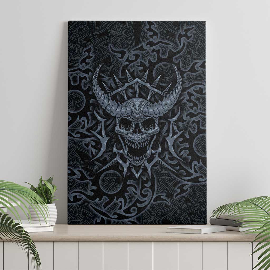 Viking Horned Skull and Raven Emblem Canvas Wall Art Dark Nordic Tribal Grunge Illustration