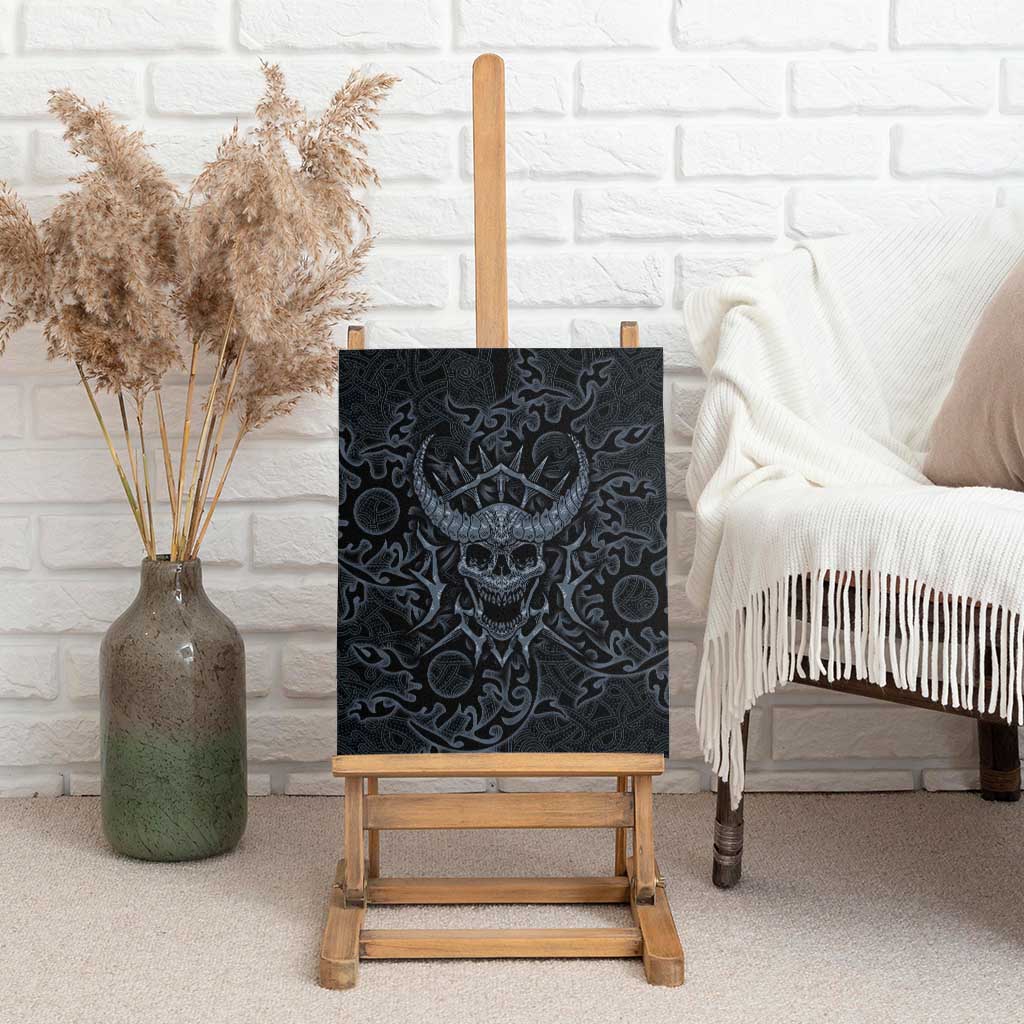 Viking Horned Skull and Raven Emblem Canvas Wall Art Dark Nordic Tribal Grunge Illustration